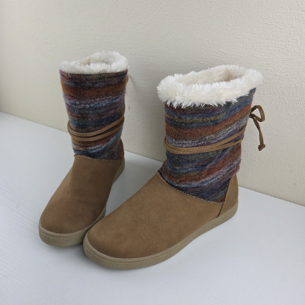 Airwalk Venus Mid Calf Boots Womens‎ Sz 7.5 Cognac Brown Multicolor Sherpa Lined